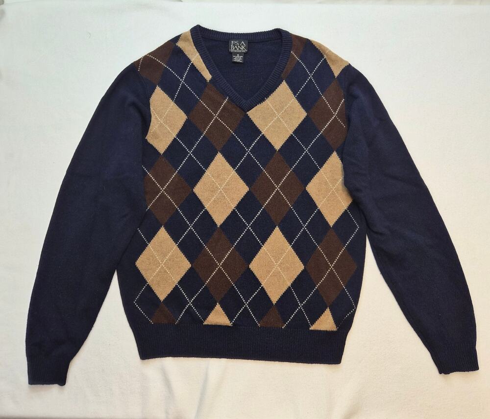 Jos. A. Bank Navy Blue Brown Tan Argyle Lambswool V-Neck Sweater Mens Medium